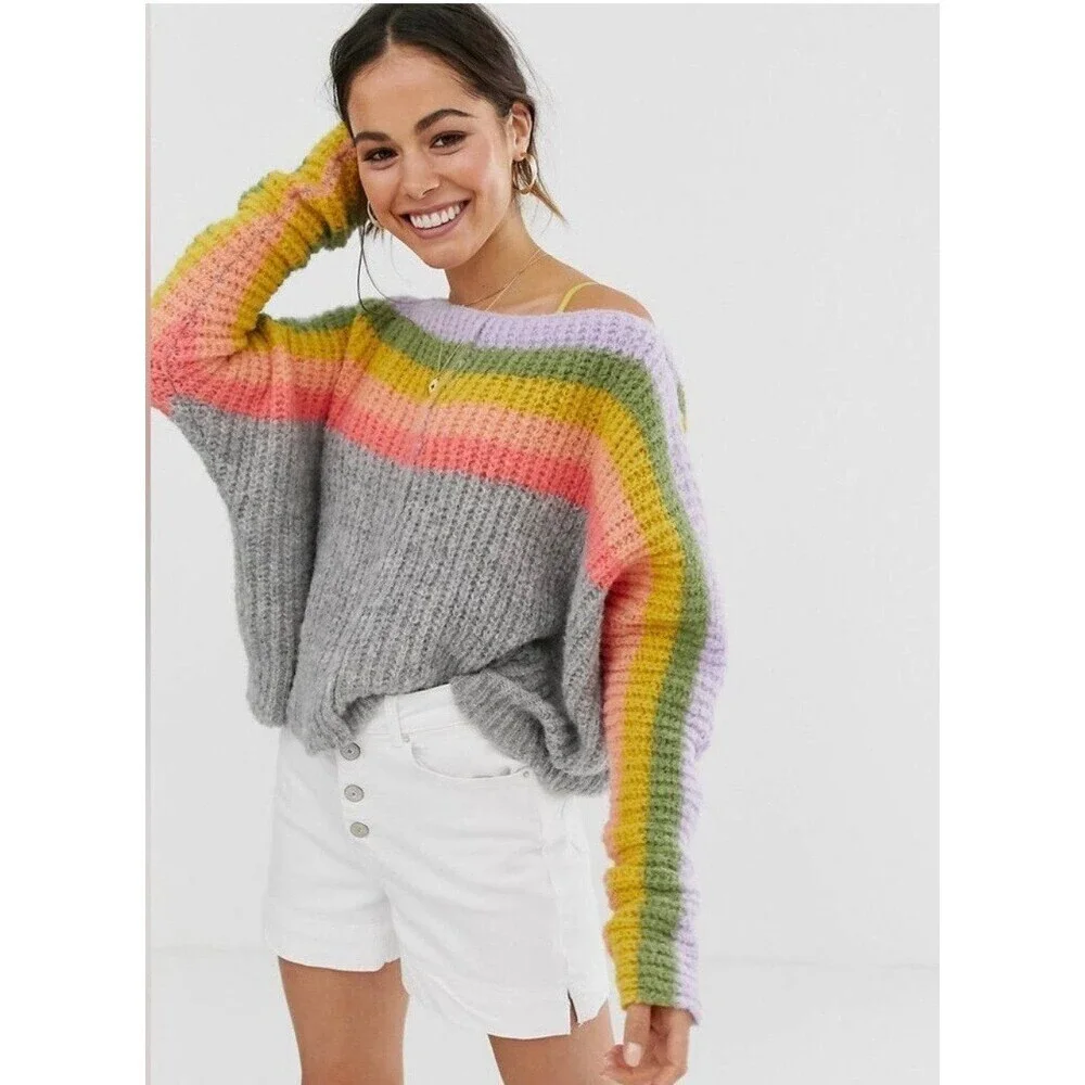 Free People Alpaca Blend Rainbow Stripe Oversized Sweater L  Soft Girl Aesthetic